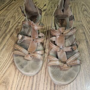 Earth Origins Women's Brown Leather Multi-Strap Wedge Heeled Sandals